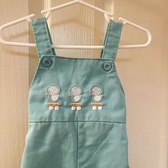 Vintage Health Tex Baby Chick Embroidered Overalls Aqua Green Size 9 Months - Picture 2 of 13